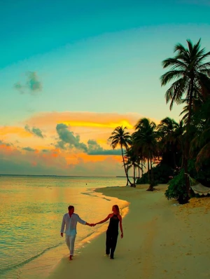 Couple walking on Sri Lankan beach. Holding hands.