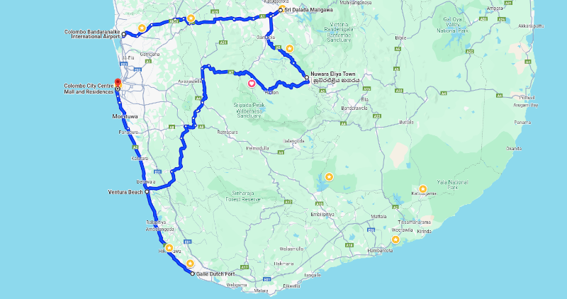 8 day srilanka tour map